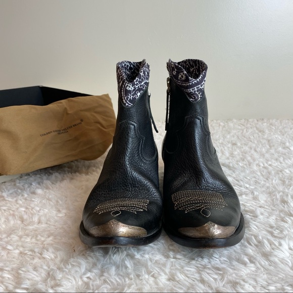 NEW Golden Goose Young Leather Western Bootie with Bandana Trim in Black - Picture 2 of 16